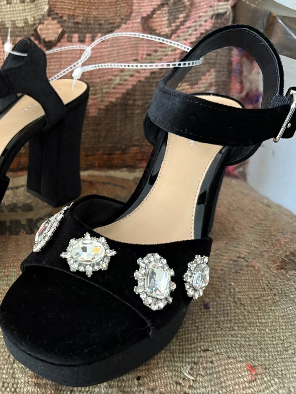 Copper Key Black Velvet Rhinestone Platform Heels Ankle Strap Y2K 10